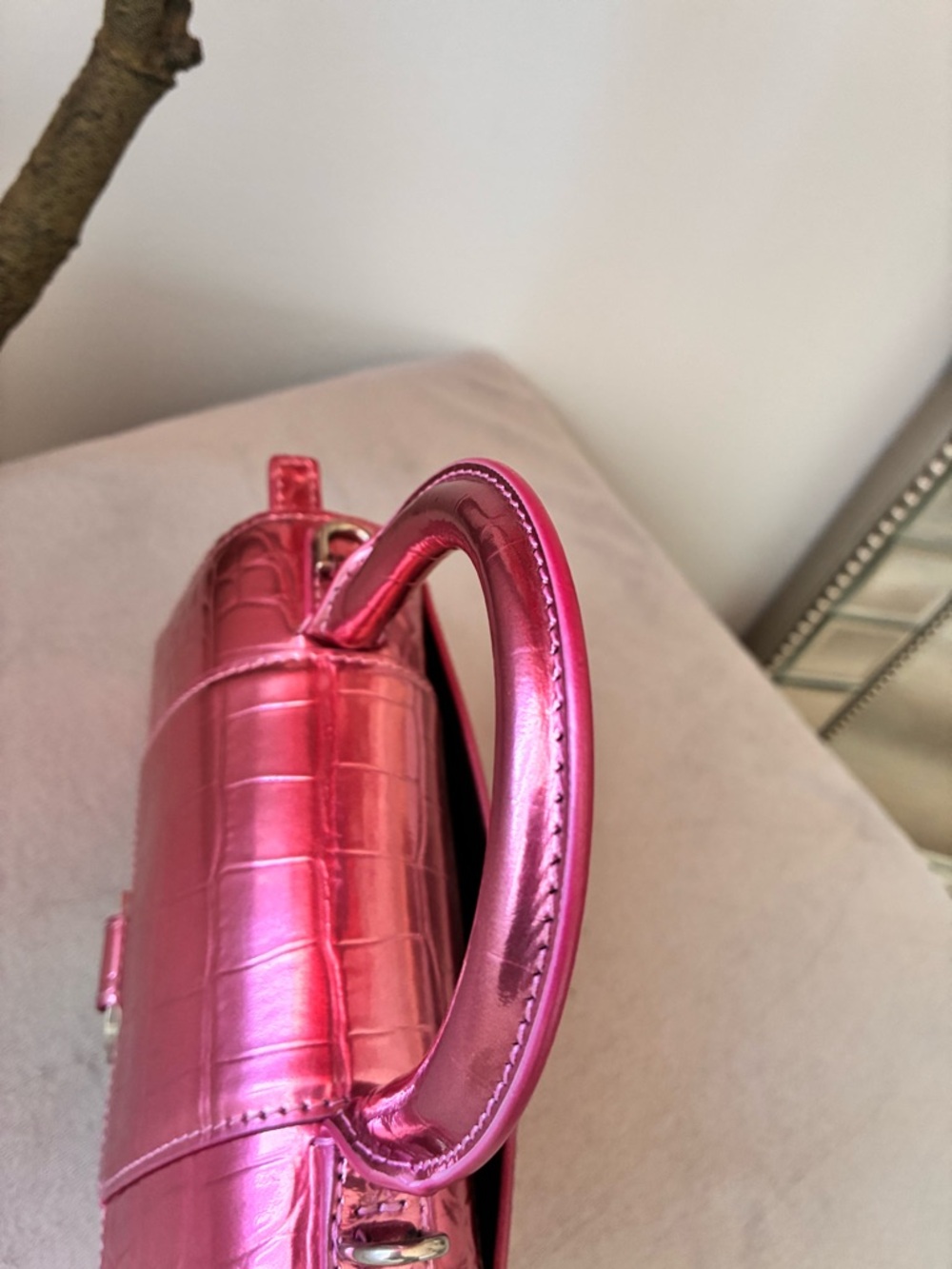Balenciaga Metallic Fuchsia Croc-Embossed Hourglass Satchel - Picture 11 of 15
